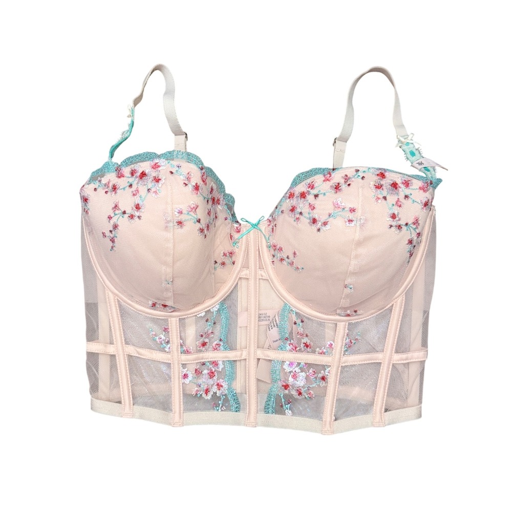 Victoria's Secret Floral Embroidered Mesh Longline Bustier Bra Pink S-DD NWT